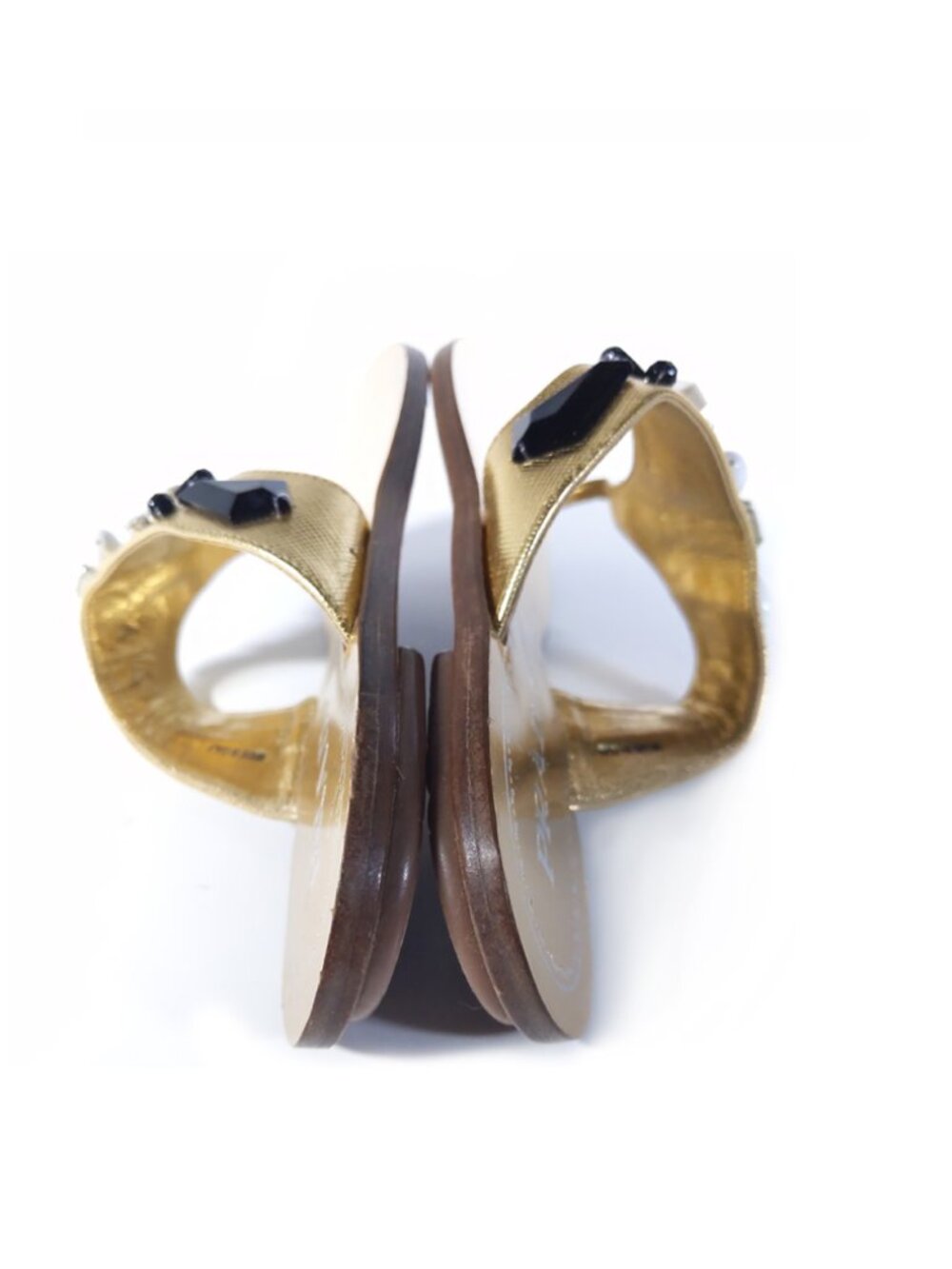 Prada Flat Leather Thong Sandals in Gold with Rhinestones Womens Size 7 - Picture 13 of 14